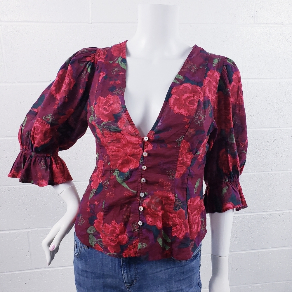Free People I Found You Printed Top Red Floral Button Up Ruffle Sleeve Top Small